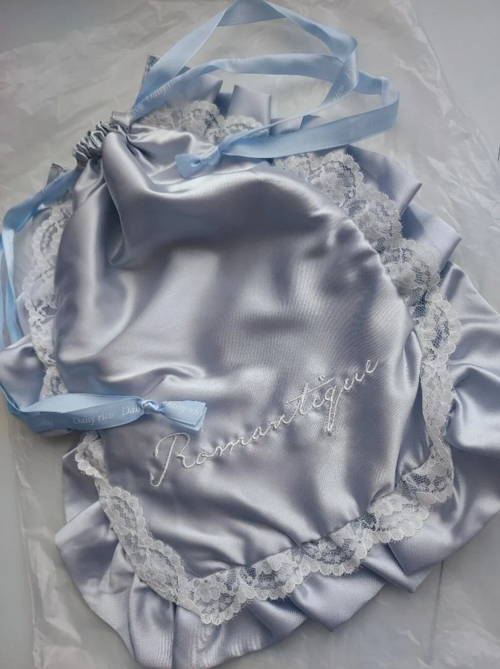 Japan brand grey silver lace Satin Lace cloths cosmetic drawstring bag pouch